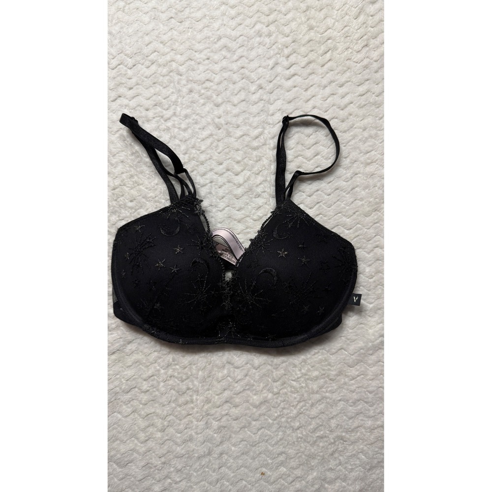 Victorias Secret Black Celestial Star Moon Embroidered Wireless Bra 32C 4576